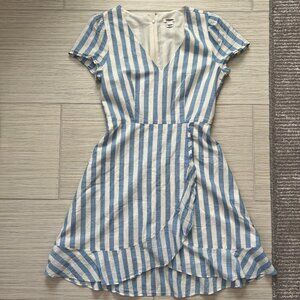 J.Crew Blue/White Striped V-Neck Faux-Wrap Ruffle Cotton Dress - Size 0